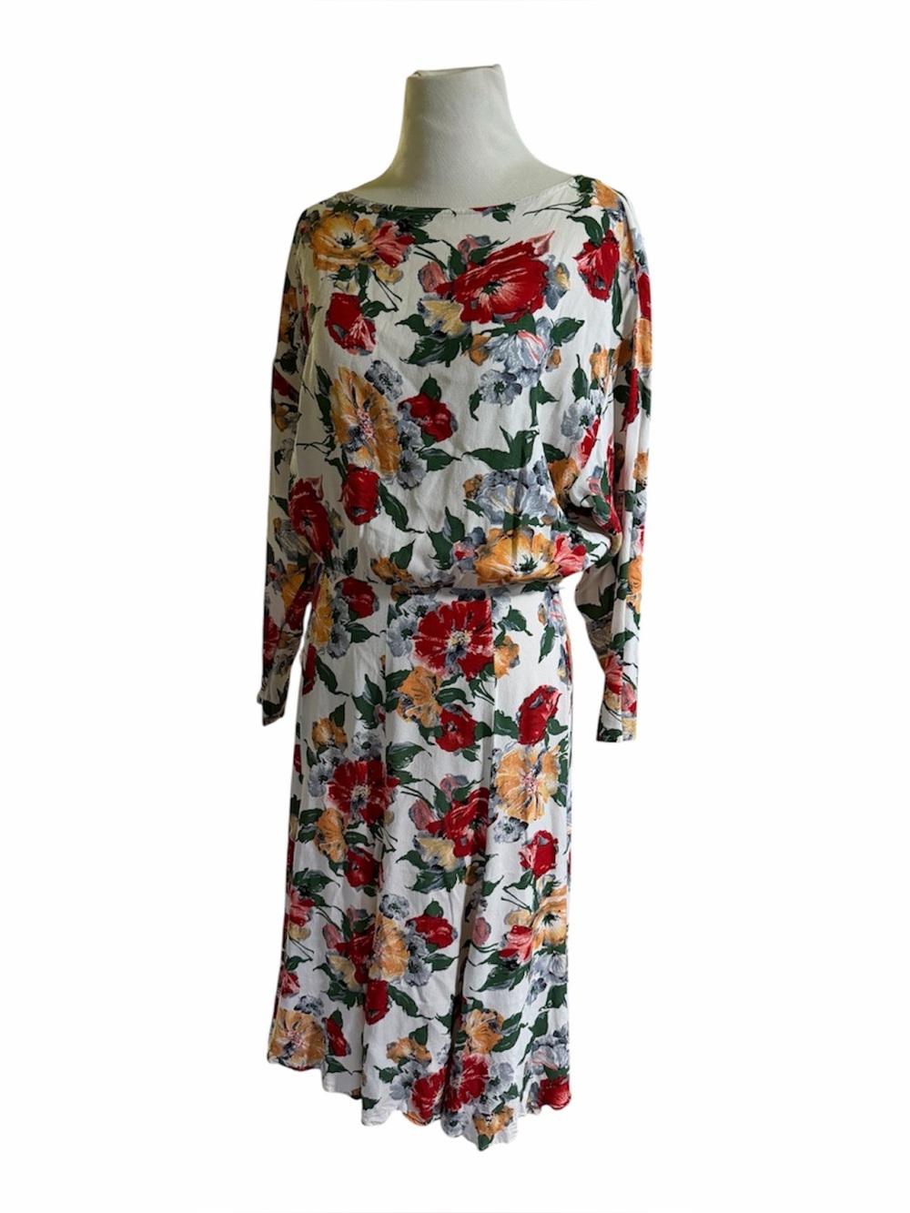 Vintage 80s White Floral Midi Dress 4  Red & Yellow Blooms retro Madmen style